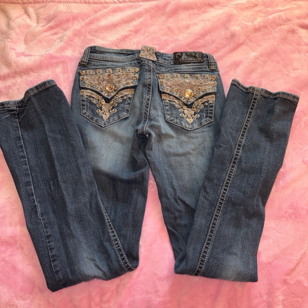 Grace in LA Dark Blue Embellished Women's Jeans